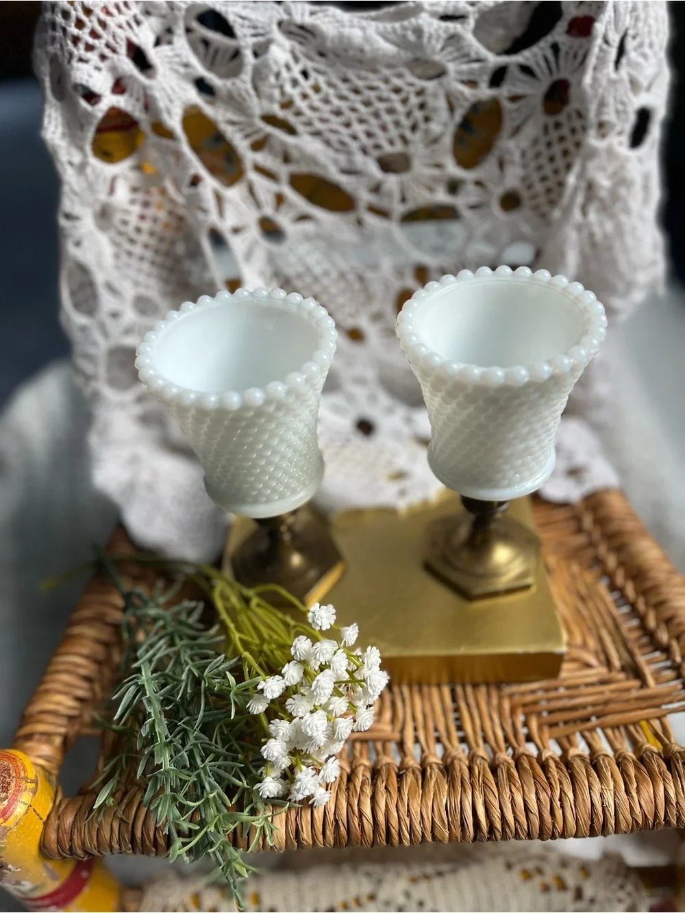 Vitg Ring of Fire Hobnail Milk Glass Peg Votives Paired with Vtg brass holders